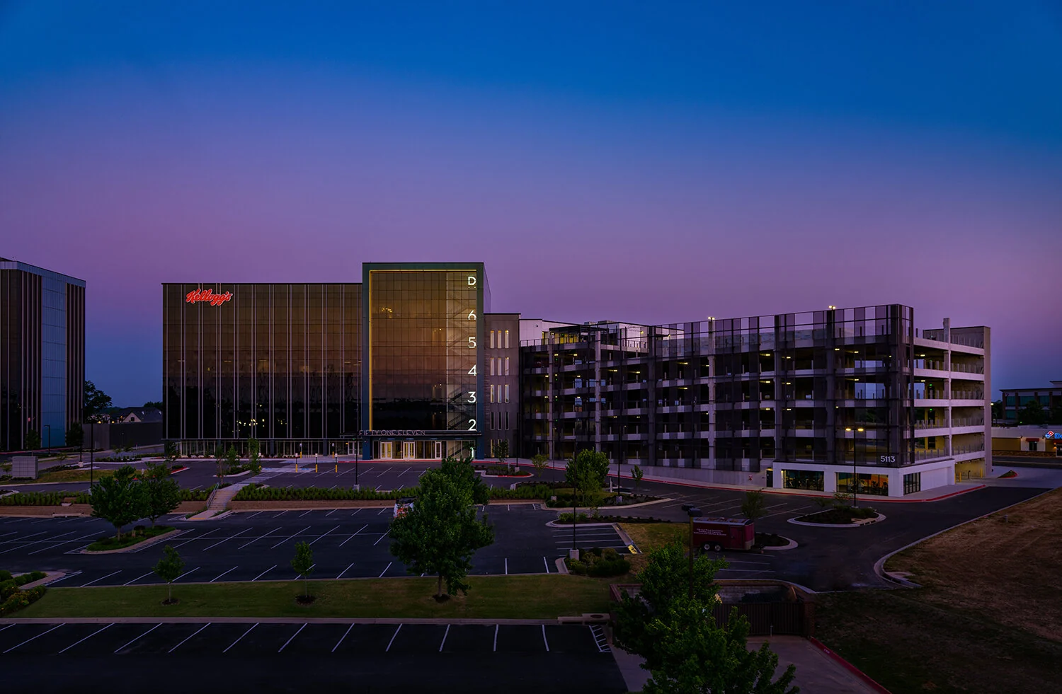 Northgate Plaza designed by Core Architects at dusk